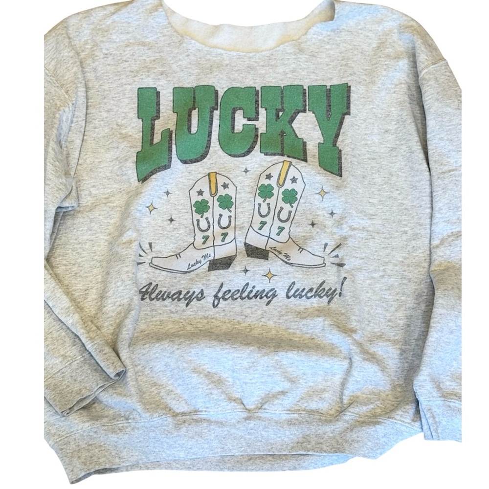 Lucky Sweatshirt Cowgirl Country Western Gray Green L Oversized